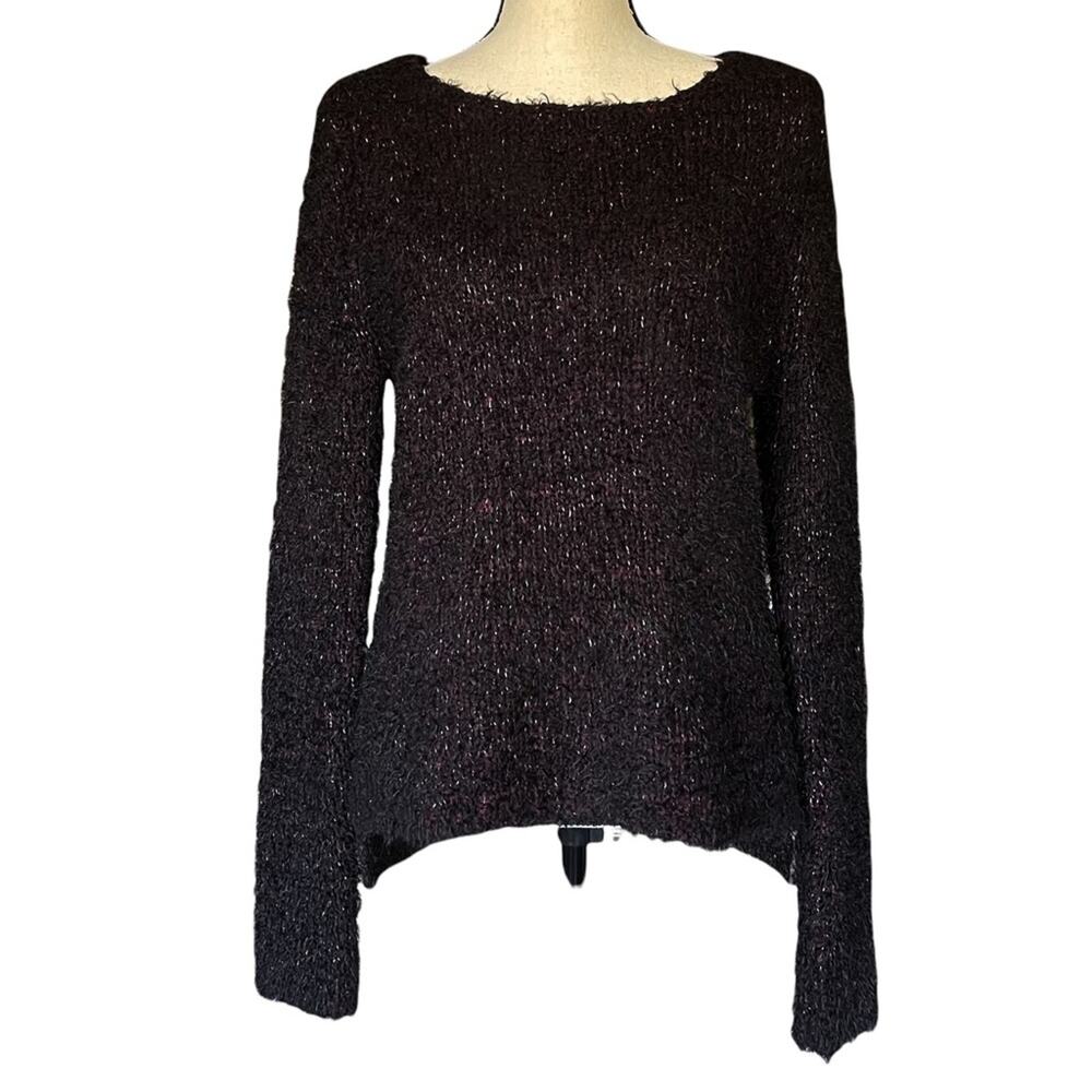 Max Studio Round Neck Long Sleeve Eyelash Tunic Sweater Women's Black Size M